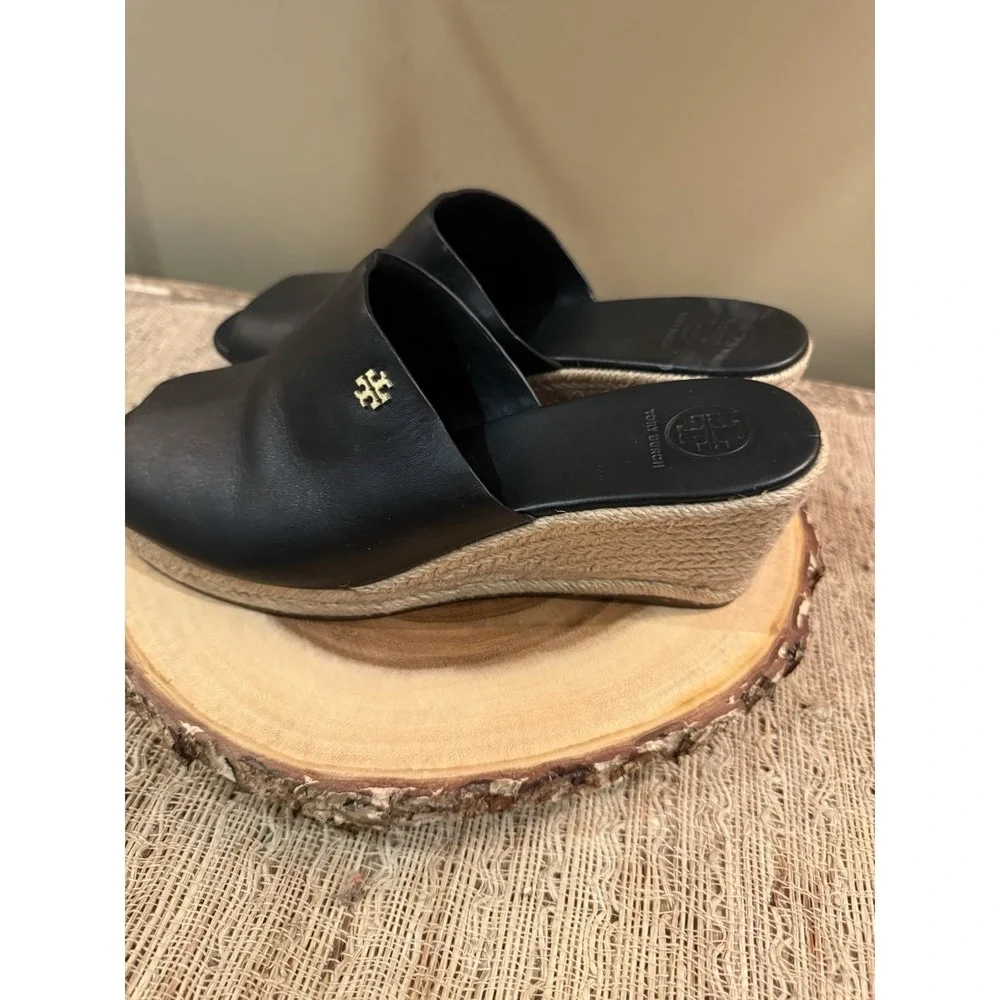TORY BURCH Landon Espadrille‎ Black Leather Wedge Sandals Shoes Size 8M  $295